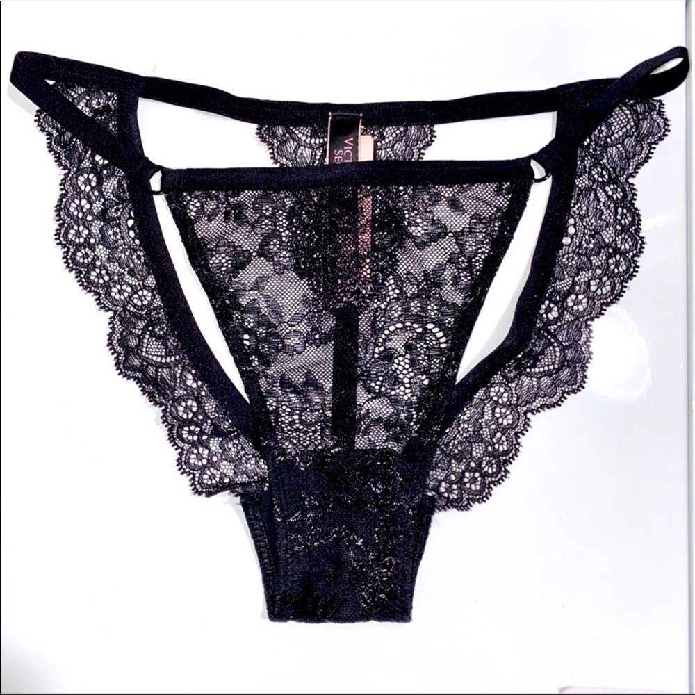 VS Backless Black Metallic Floral Lace Cheeky Thong Panty Small NWT